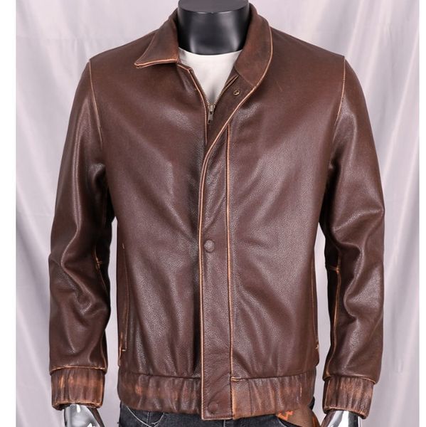 

mens leather faux fashion personalized layer pure cowhide jacket short casual real coat, Black