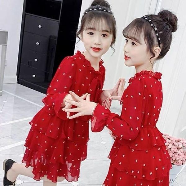 

girl's dresses girls summer dress 2021 party for princess 12 children's clothing fashion elegant mesh red long sleeve knee-length, Red;yellow