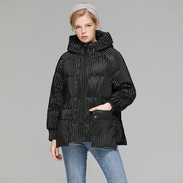 

down jacket 2021 winter short coat fashion hooded stripe korean loose thickened women's large wear, Black