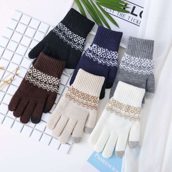 

gloves jacquard touch screen knitted plush thickened autumn and winter warm wave, Blue;gray