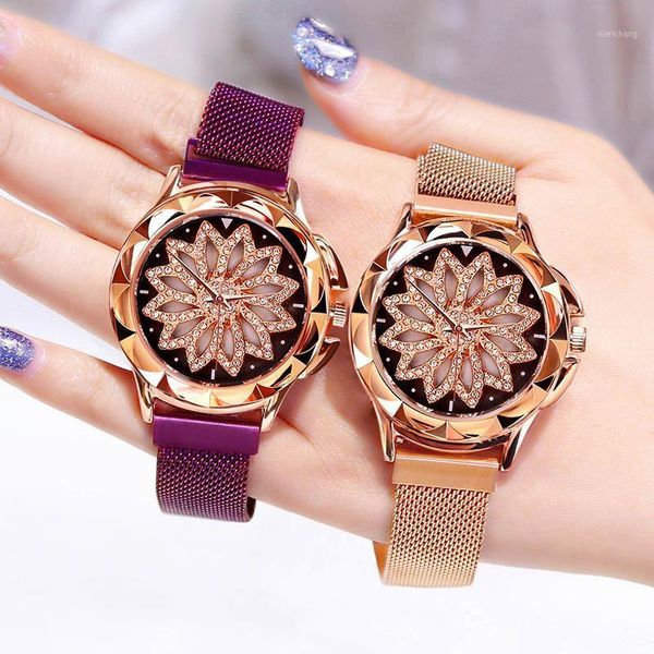 

wristwatches women vintage magnetic starry sky crystal watches ladies quartz wrist watch brand hollow flower female clock zegarek damski, Slivery;brown