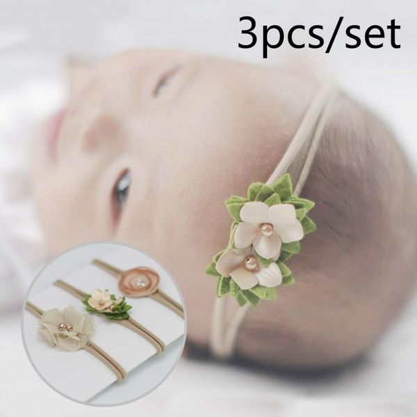 

hair accessories 3pcs/set pearl flower ribbon lace hairband baby girl headband mix style elastic band children, Slivery;white