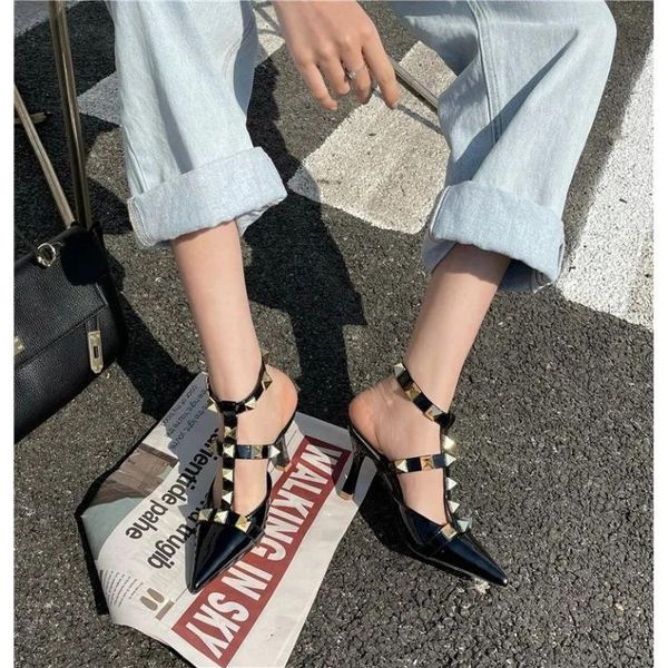 

sandals spring/summer high heels with pointed rivets, stiletto heels, buckles, wedding shoes, single shoes, Black