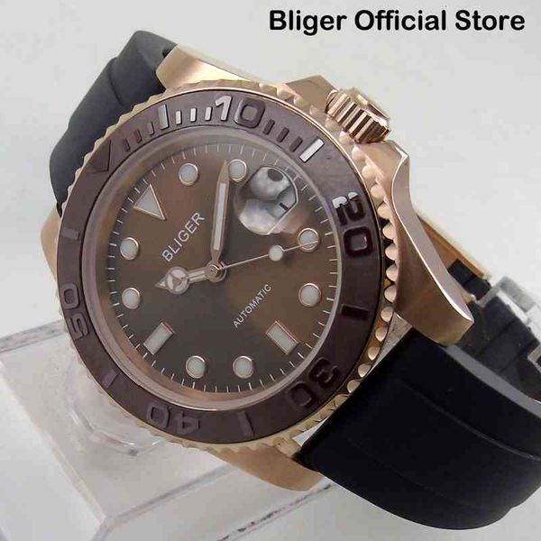 

car automatic watch new 40mm date miyota movement ceremic bezel coffee dial rubber strap, Slivery;brown