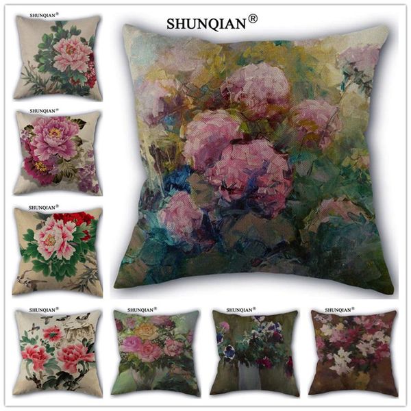 

pillow case wz51621 chinese style peony pillowcase linen cover 45x45cm custom drop
