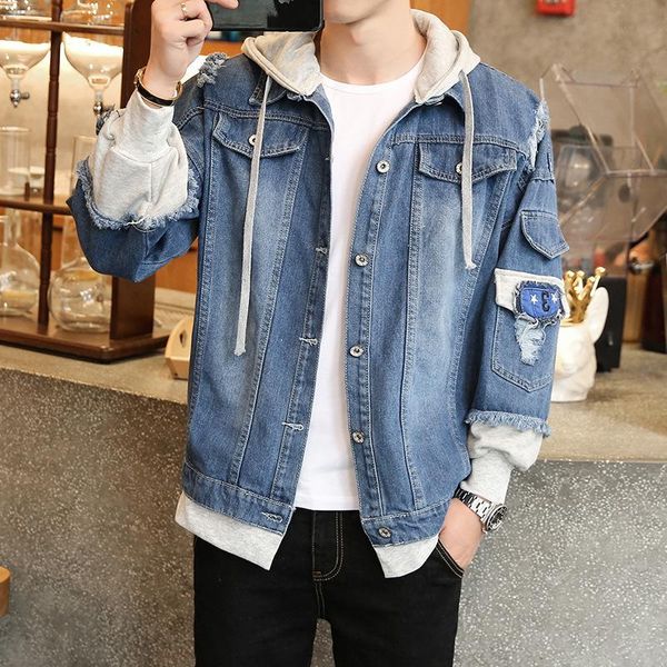 

denim jacket men's new style 2021 spring japanese-style loose-fit trend students mock two-piece denim hooded coat, Black;brown