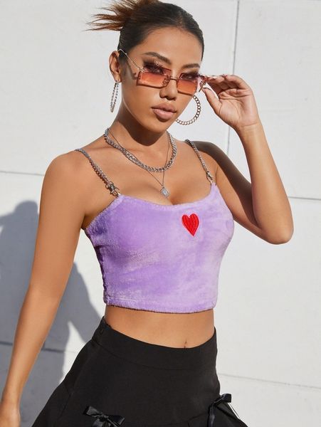 

heart embroidery fuzzy cami u0r4#, White