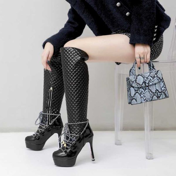 

boots 2021 winter fashion patchwork bow metal decoration leather zip thin heel round toe handmade super high, Black