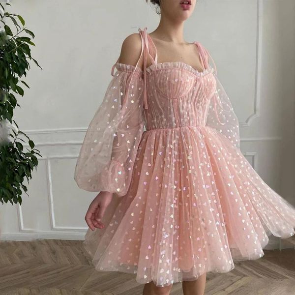 

party dresses 2021 blush pink mini prom off the shoulder puff sleeves hearty tulle short gowns above knee formal, White;black