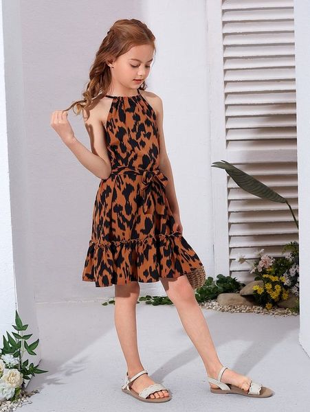 

girls allover print belted ruffle hem cami dress she, Red;yellow