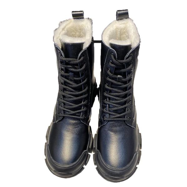

boots women fashion winter shoes cow hide real fur lined snow lacing up flats motorcycle booties round toe botas for lady, Black