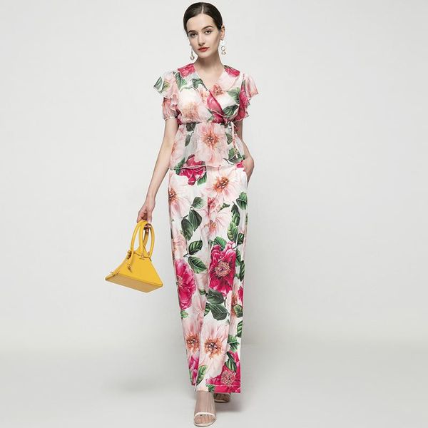 

2021 spring summer runway fashion women's set retro red camellia print chiffon +full-lenght wide flower pants holiday set, White