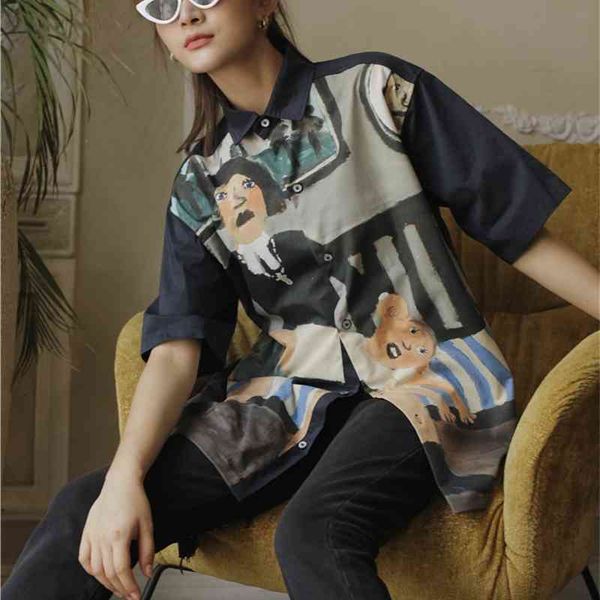 

women's two piece pants graffiti aesthetic women shirts loose button up collar shirt short sleeve summer clothing fashionable, White