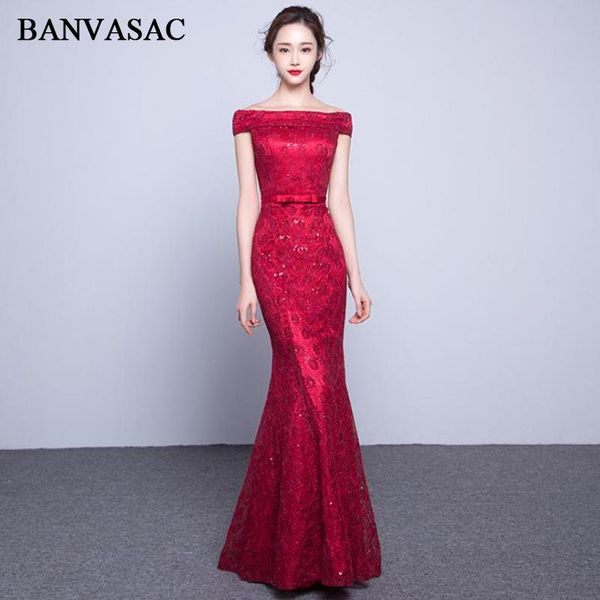 

party dresses banvasac sequined boat neck bow sash mermaid long evening vintage 2021 lace embroidery prom gowns, White;black