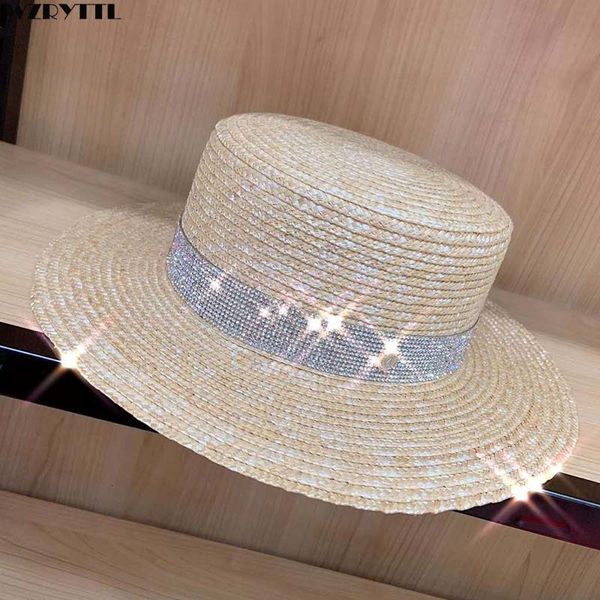 

2021 new boater women summer kentucky derby straw blingbling rhinestone wide brim skimmer uv sun beach hat for travel czc8, Blue;gray
