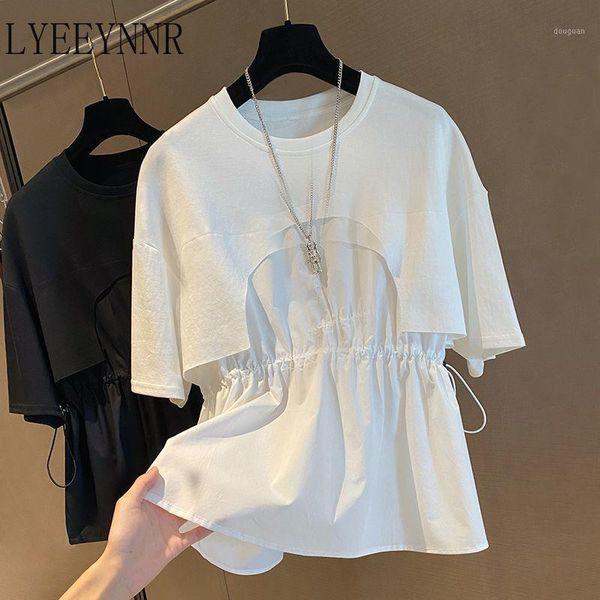 

women's t-shirt lyeeynnr causal patchwork woman tshirts korean drawstring slim waist elegant graphic tee 2021 t shirt camisetas, White