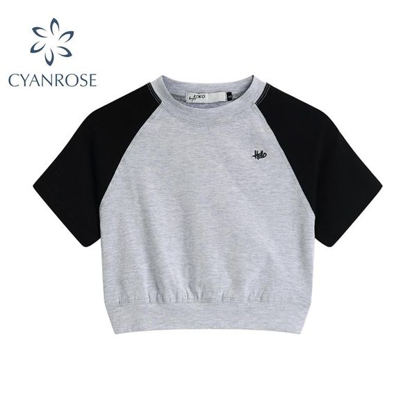 

women's t-shirt bodycon crewneck crop tees short sleeve 2021 summer contrast color t shirt female fashion e-girl ulzzang pullover, White