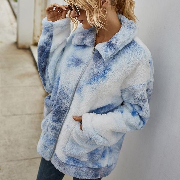 

women's jackets women winter long sleeve tie-dye coat fluffy plush lapel zip up outwear jacket, Black;brown