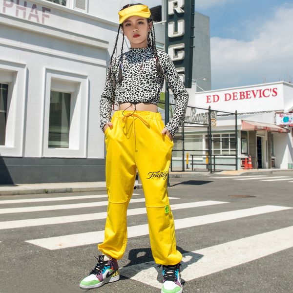 

childrens jazz hip hop girls modern dance costume leopard print loose yellow pants street dancing performance set vdb2667, Black;red