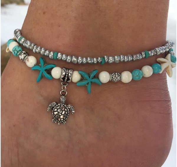 

fashion sea turtles imitation pearls starfish charms bracelets anklets for women bohemian summer foot chain jewelry gifts, Red;blue
