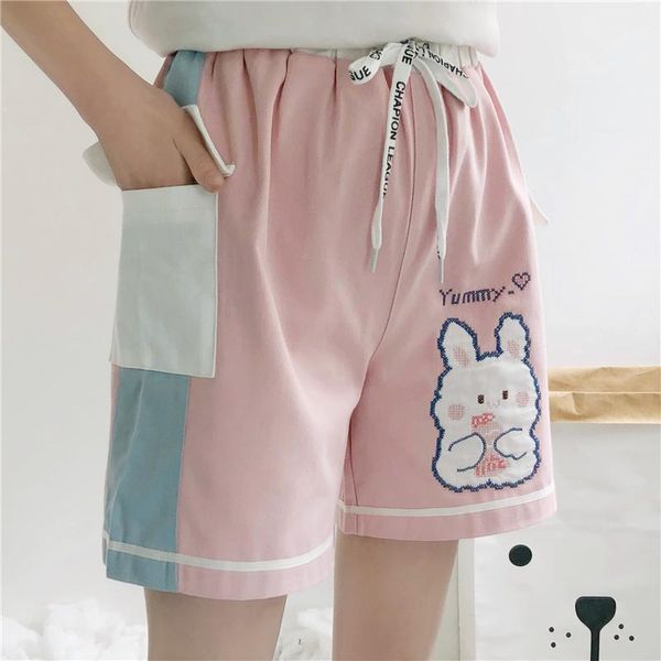 

women's shorts japanese sweet cute printed wide leg for women summer casual cool soft girls color patchwork elastic waist, White;black