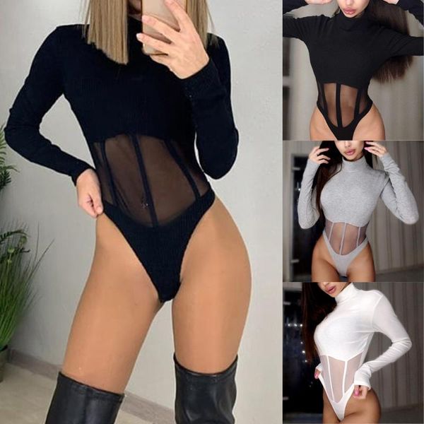 

women's jumpsuits & rompers long sleeve high neck blouses mesh patchwork sexys bodysuit 2021 autumn winter women streetwear outfits top, Black;white