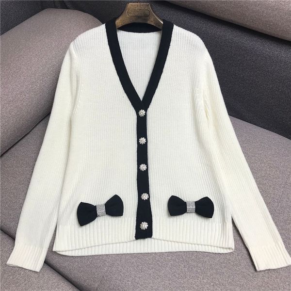 

2021 new female korean style streetwear knit sweater coat cute bow v neck knitted cardigan women jacket 8sk9, White;black