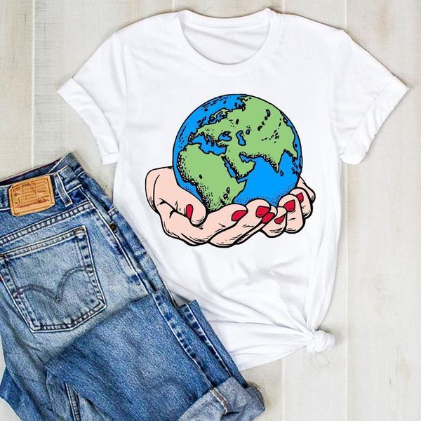 

women lady earth print cartoon short sleeve print ladies summer t tee tshirt womens female shirt clothes graphic t-shirt, White