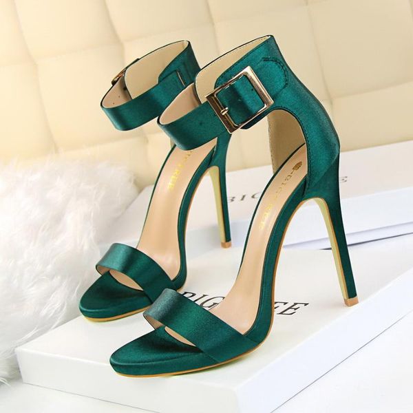 

sandals 8 colors peep toe concise women 2021 fashion metal belt buckle high heels shoes women's party show thin, Black