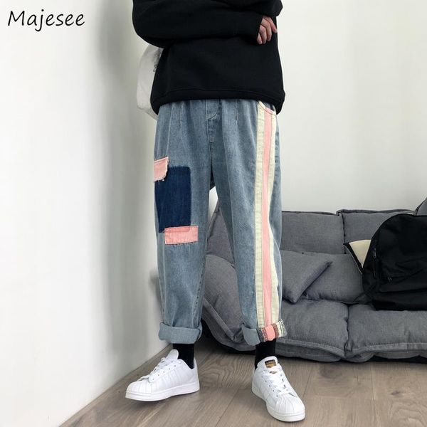 

men jeans ankle-length denim patch designs panelled hip-hop korean vintage fashion loose streetwear harajuku mens trouser new bf, Blue
