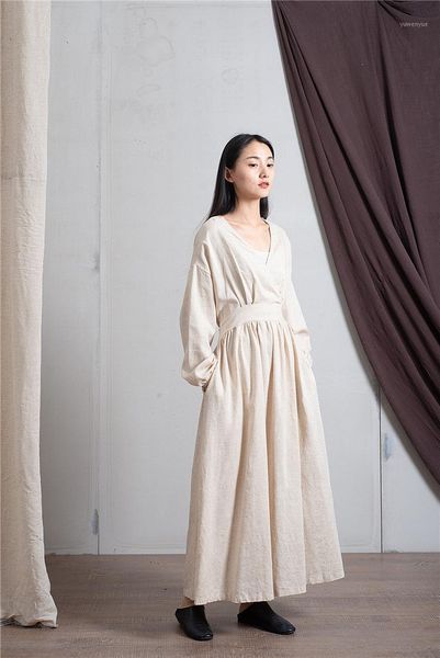

casual dresses 2021 autumn cotton linen v-neck loose solid color long vintage dress 3 colors chinese style women rh671, Black;gray