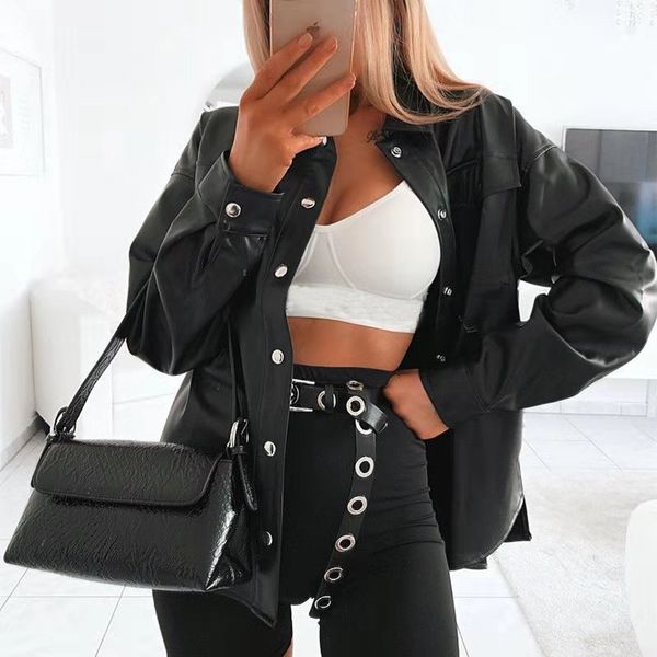 

fashion streetwear black pu leather coats women cardigan buttons trend womens biker jacket long sleeve solid leather clothes, Black;brown