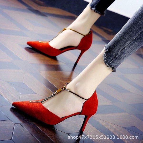 

ladies spring 2021 new women's shoes pointed toe suede shallow mouth low high heel stiletto zipper bag heel sandals, Black