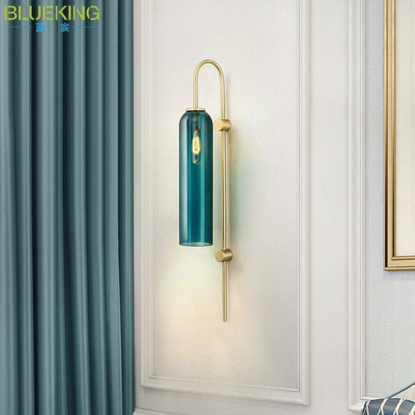 

nordic creative blue and white glass tube wall light living room bedroom l lobby copper color wall lamp wj10