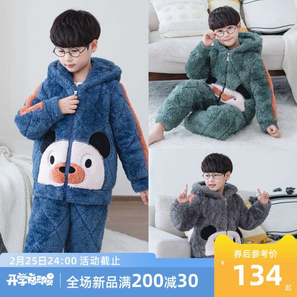 

flannel coral with cotton thickened cartoon autumn and winter middle school boys' pajamas, Blue;red