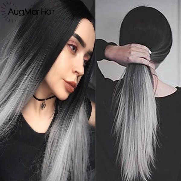 

lace wigs full staright human hair ombre black grey pre plucked remy with baby, Black;brown
