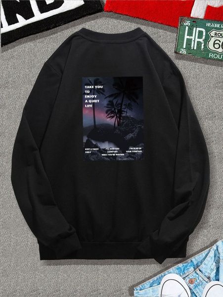 

men coconut tree & slogan graphic pullover k7di#, Black