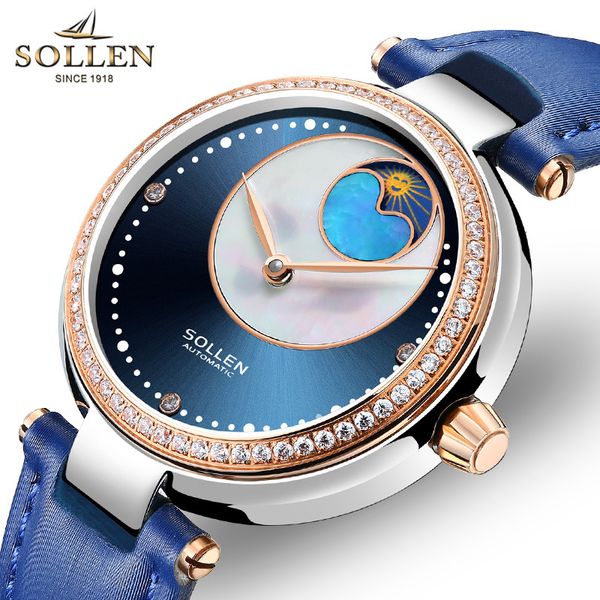 

ladies diamonds watch moon phase learn women automatic mechanical watches for girls montre femme, Slivery;brown