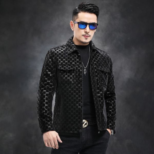 

haining lter autumn and winter new leisure leather short lapel sheep men's casual motorcycle et, Black