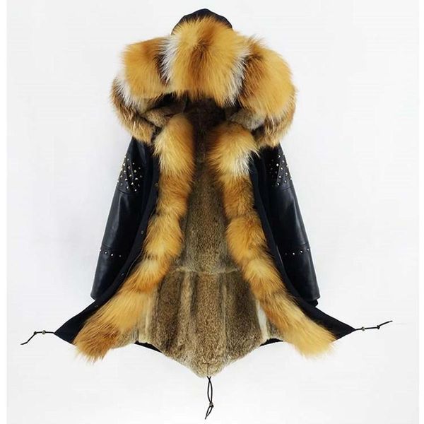 

women's fur & faux women long parka winter jacket natural real collar hood coat rivet sheep skin leather sleeve outerwear detachable, Black