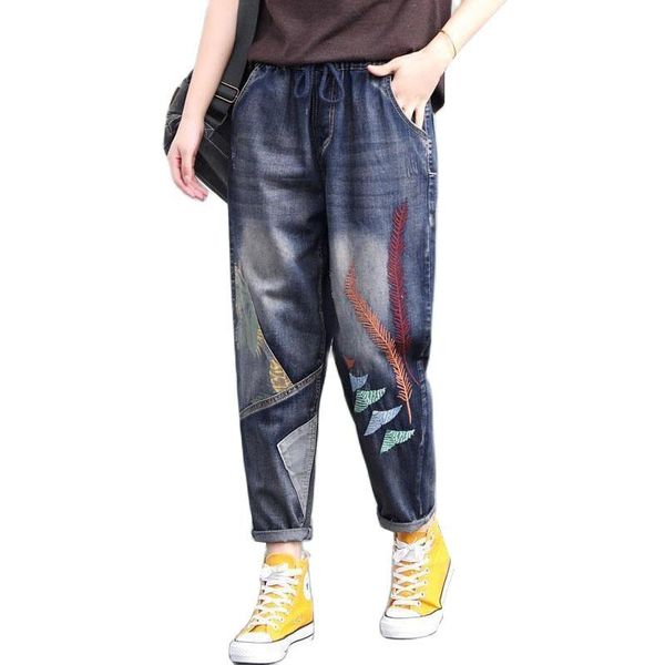 

women's jeans women autumn elastic high waist embroidery loose harem pants female splicing straight cropped trousers ladies denim pant, Blue