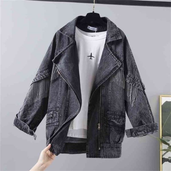 

vintage mid long jeans jacket coat women outerwear autumn fashion chain tassel denim jackets female harajuku chaqueta mujer 210922, Black;brown