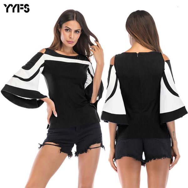 

women's spring round neck color matching off shoulder back zipper t-shirt, White