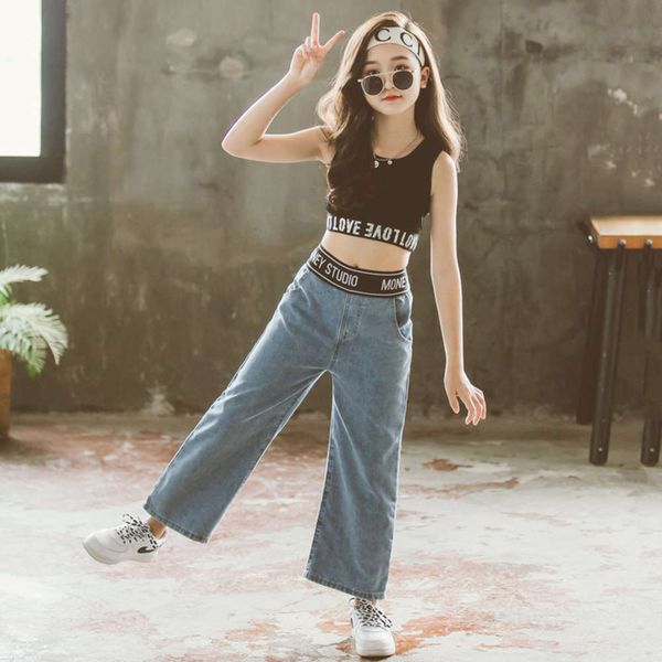 

summer thin girls' jeans suit: two piece suit of fashionable foreign style children's vest and wide leg pants, White