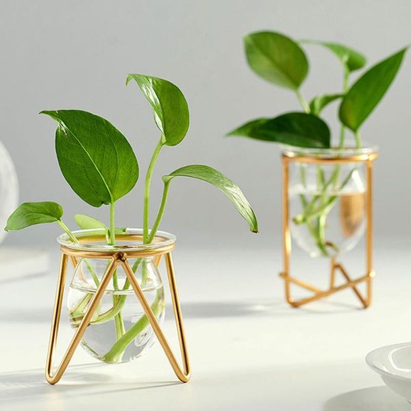 

vases nordic hydroponics vase iron shelf glass transparent planter for flowers modern home living room decoration accessories