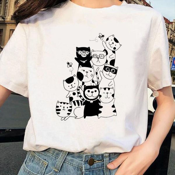 

cute cats print tshir harajuk women t shirt summer short sleeve streetwear graphic tee plus size, White