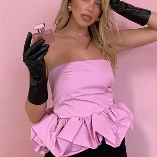 

2021 spring streetwear sleeveless pink strapless tank short female dh4b, White