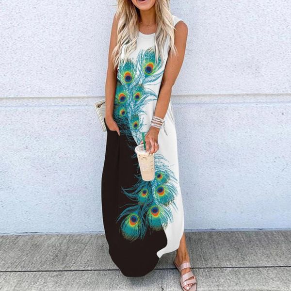 

casual dresses 2021 womens summer sundress stitching maxi dress sleeveless tunic vestidos female cotton linen pocket robe plus size d4, Black;gray