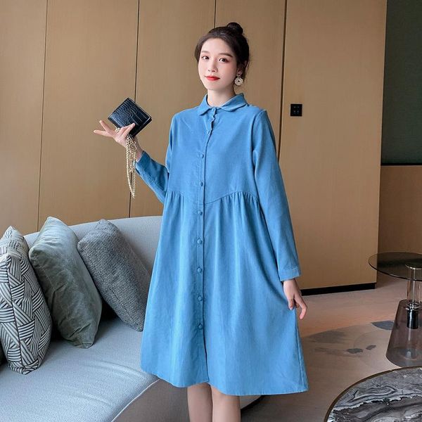 

maternity dresses 2021 autumn dress lapel long sleeve loose plus size denim pregnant clothes, White