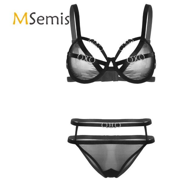 

womens erotic see through sheer mesh lingerie set adjustable shoulder straps underwired bra with high waist g-string briefs